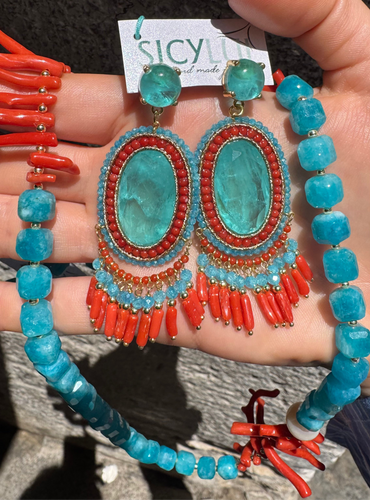 Orecchini Corallo Rosso e Acquamarina Sicylui